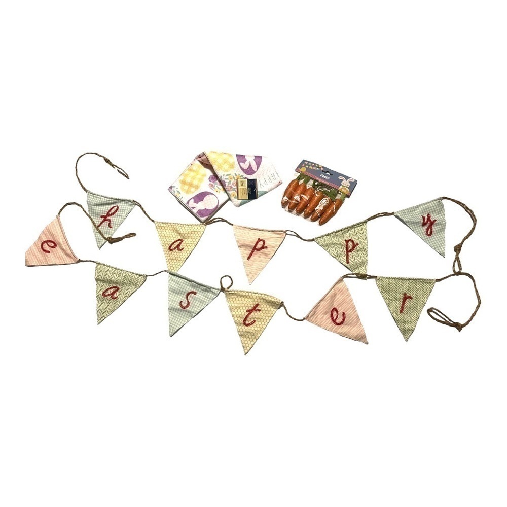 Easter bundle-two flag banners-happy Easter, Easter towel, bag of twine carrots.